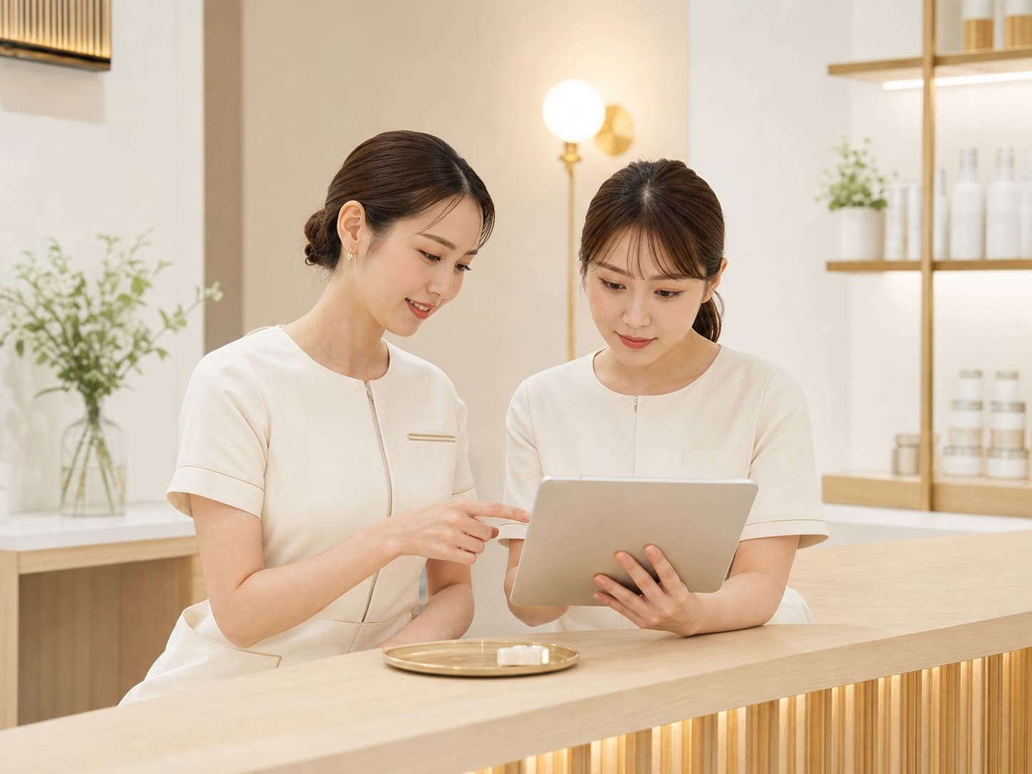 タブレットを見ながら予約を確認するサロンスタッフ